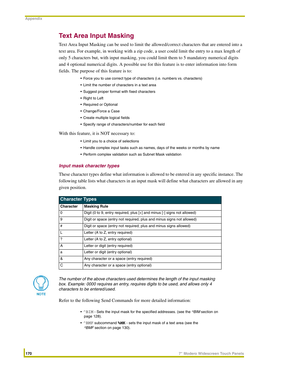 Text area input masking, Input mask character types | AMX NXD-CV7 User Manual | Page 178 / 184