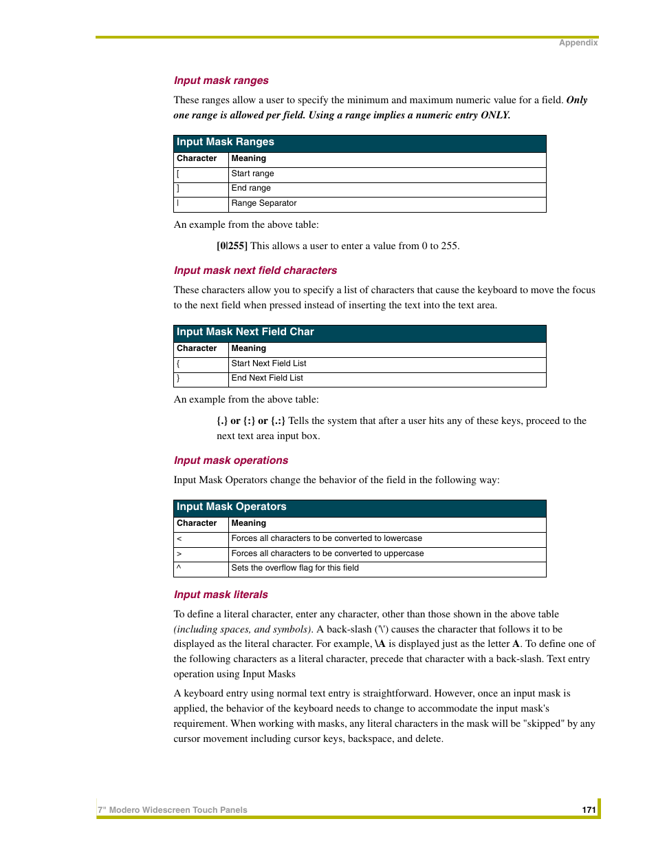 Input mask ranges, Input mask next field characters, Input mask operations | Input mask literals | AMX NXD-CV7 User Manual | Page 179 / 184