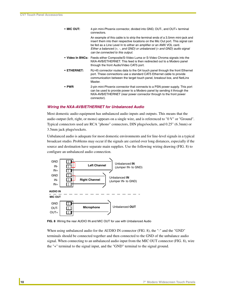 Wiring the nxa-avb/ethernet for unbalanced audio | AMX NXD-CV7 User Manual | Page 18 / 184