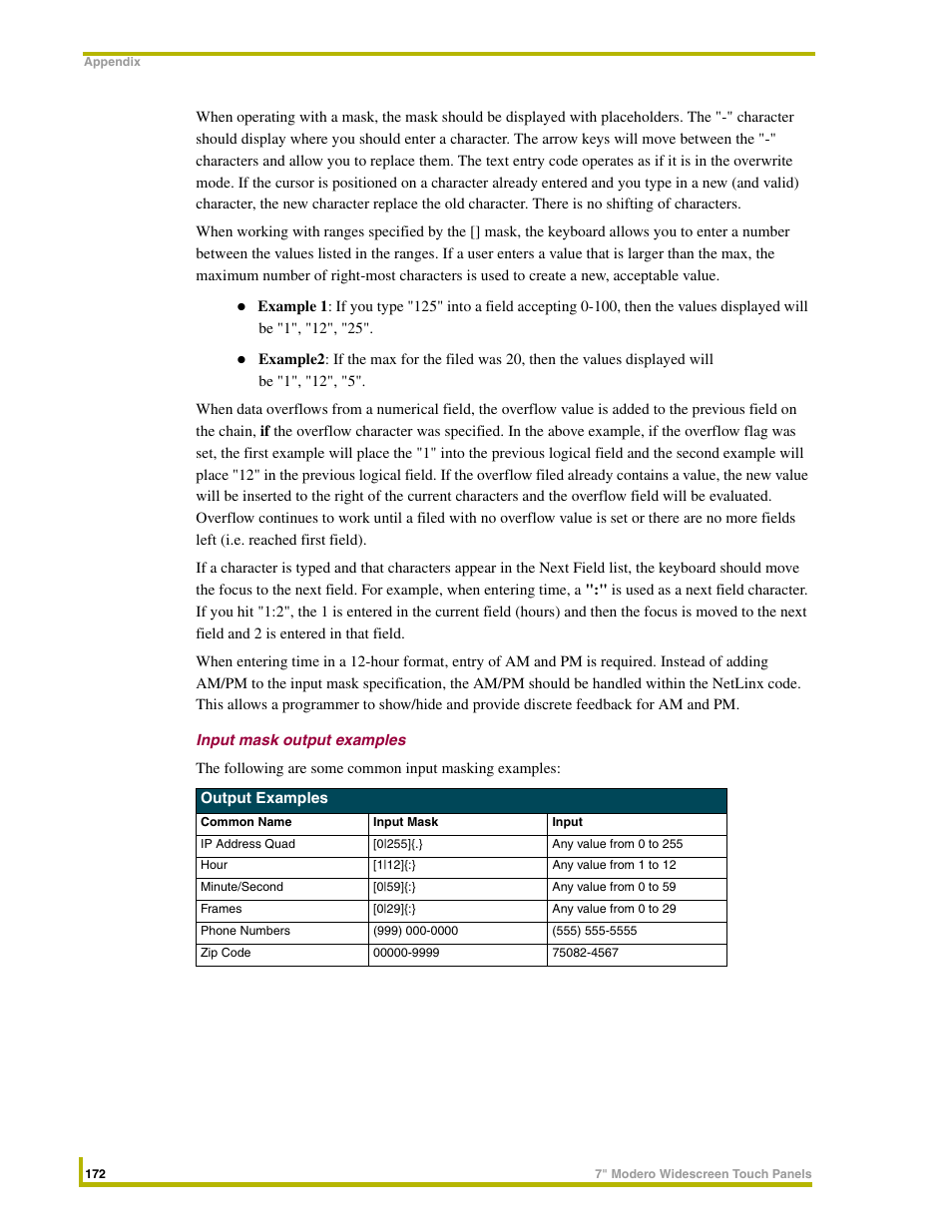 Input mask output examples | AMX NXD-CV7 User Manual | Page 180 / 184