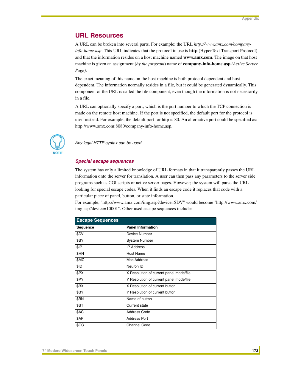 Url resources, Special escape sequences | AMX NXD-CV7 User Manual | Page 181 / 184