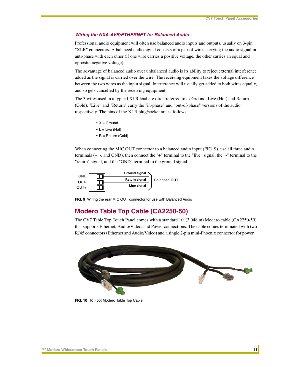 Wiring the nxa-avb/ethernet for balanced audio, Modero table top cable (ca2250-50) | AMX NXD-CV7 User Manual | Page 19 / 184