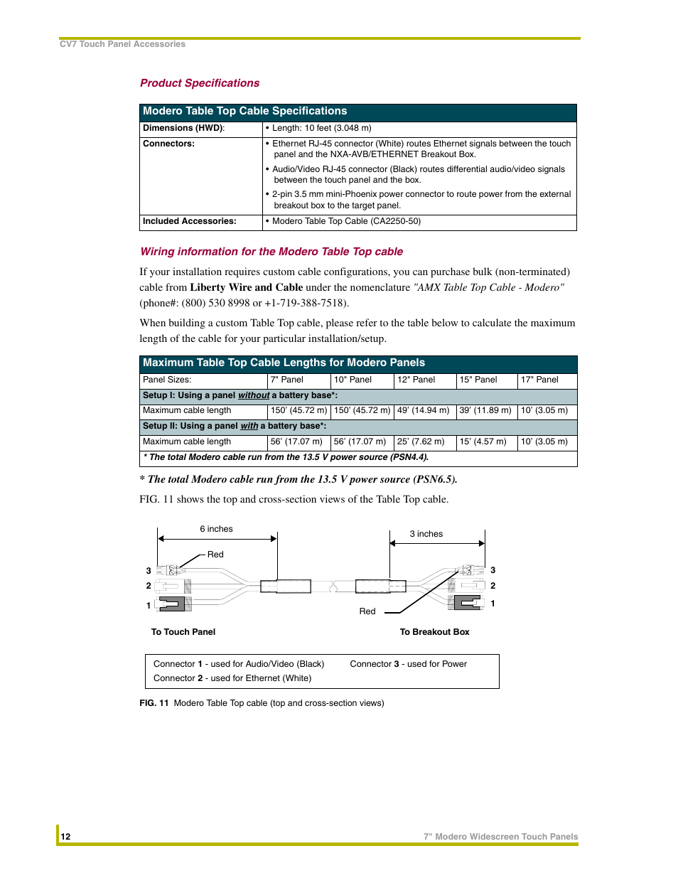 Product specifications, Wiring information for the modero table top cable | AMX NXD-CV7 User Manual | Page 20 / 184