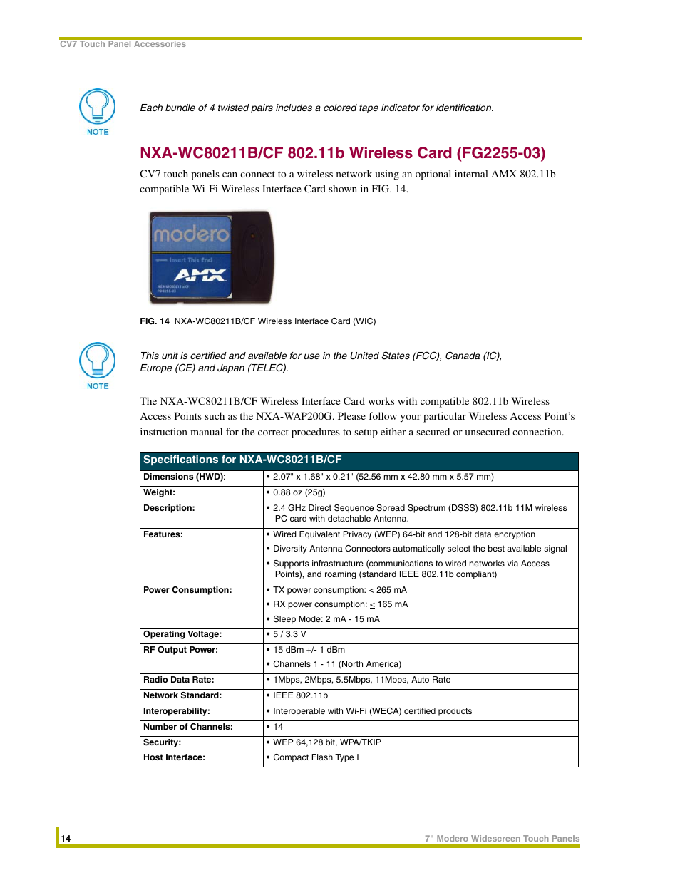 Nxa-wc80211b/cf 802.11b wireless card (fg2255-03) | AMX NXD-CV7 User Manual | Page 22 / 184