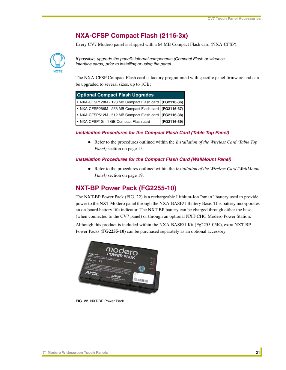 Nxa-cfsp compact flash (2116-3x), Nxt-bp power pack (fg2255-10) | AMX NXD-CV7 User Manual | Page 29 / 184