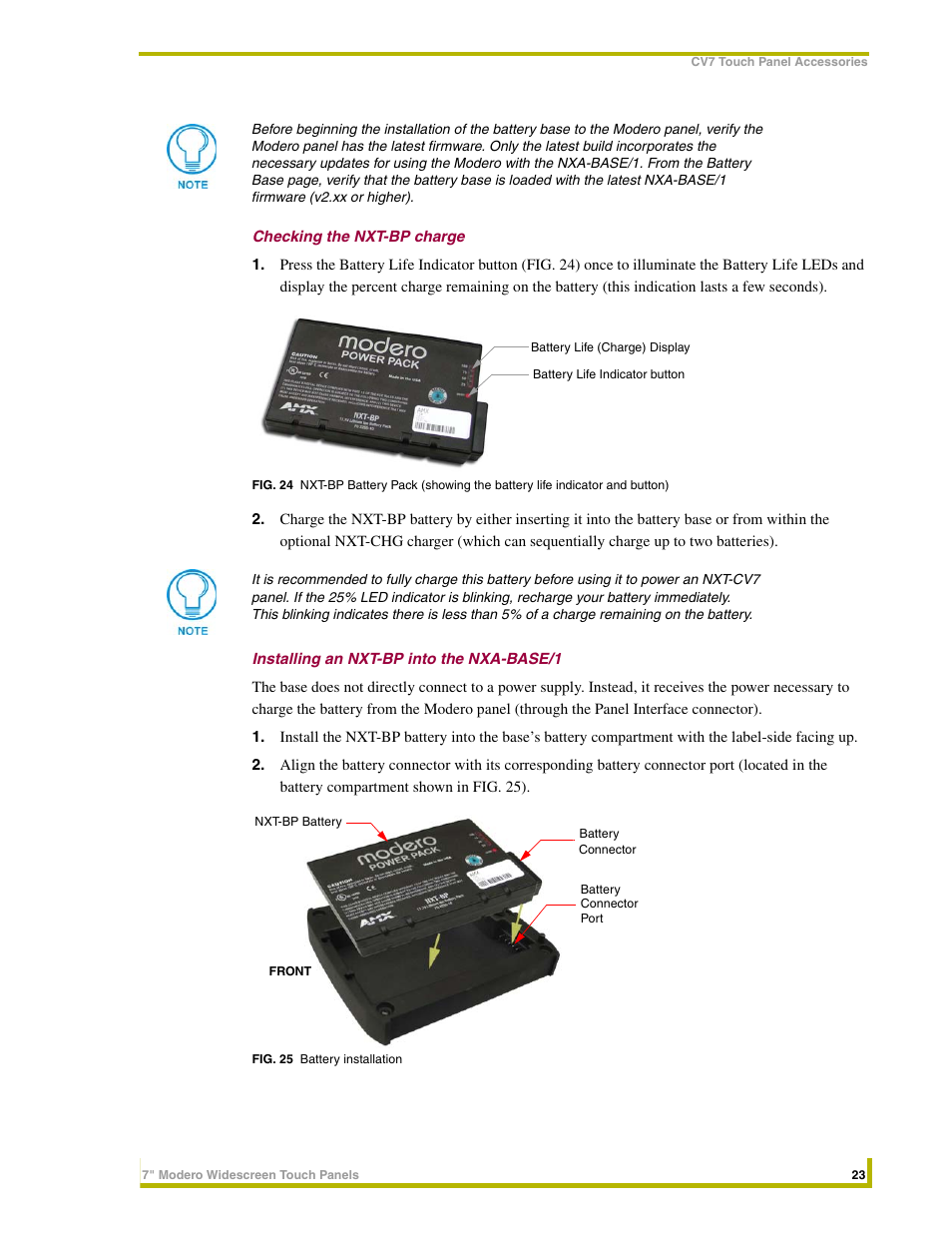 Checking the nxt-bp charge, Installing an nxt-bp into the nxa-base/1 | AMX NXD-CV7 User Manual | Page 31 / 184