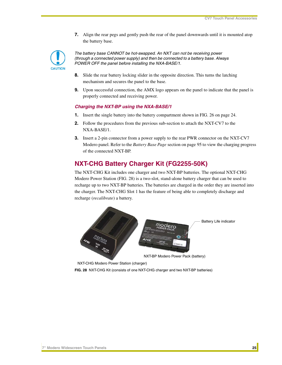 Charging the nxt-bp using the nxa-base/1, Nxt-chg battery charger kit (fg2255-50k) | AMX NXD-CV7 User Manual | Page 33 / 184