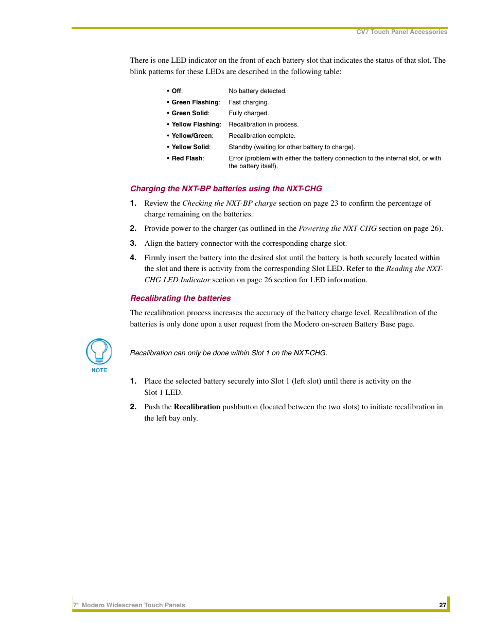 Charging the nxt-bp batteries using the nxt-chg, Recalibrating the batteries | AMX NXD-CV7 User Manual | Page 35 / 184