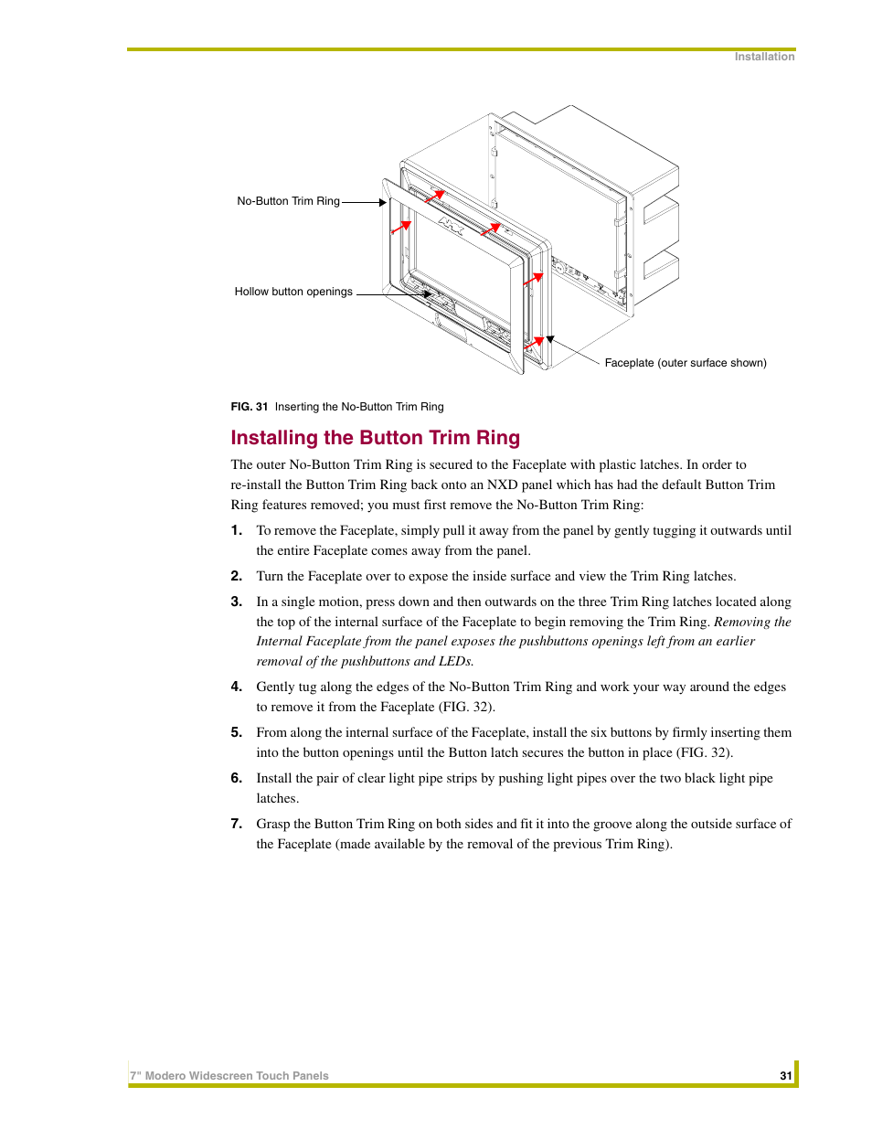 Installing the button trim ring, To the installing the button trim ring section on | AMX NXD-CV7 User Manual | Page 39 / 184