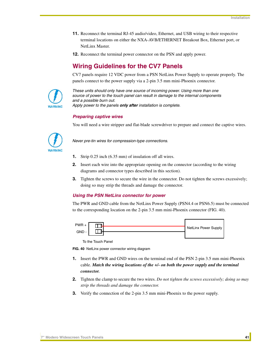 Wiring guidelines for the cv7 panels, Preparing captive wires, Using the psn netlinx connector for power | AMX NXD-CV7 User Manual | Page 49 / 184