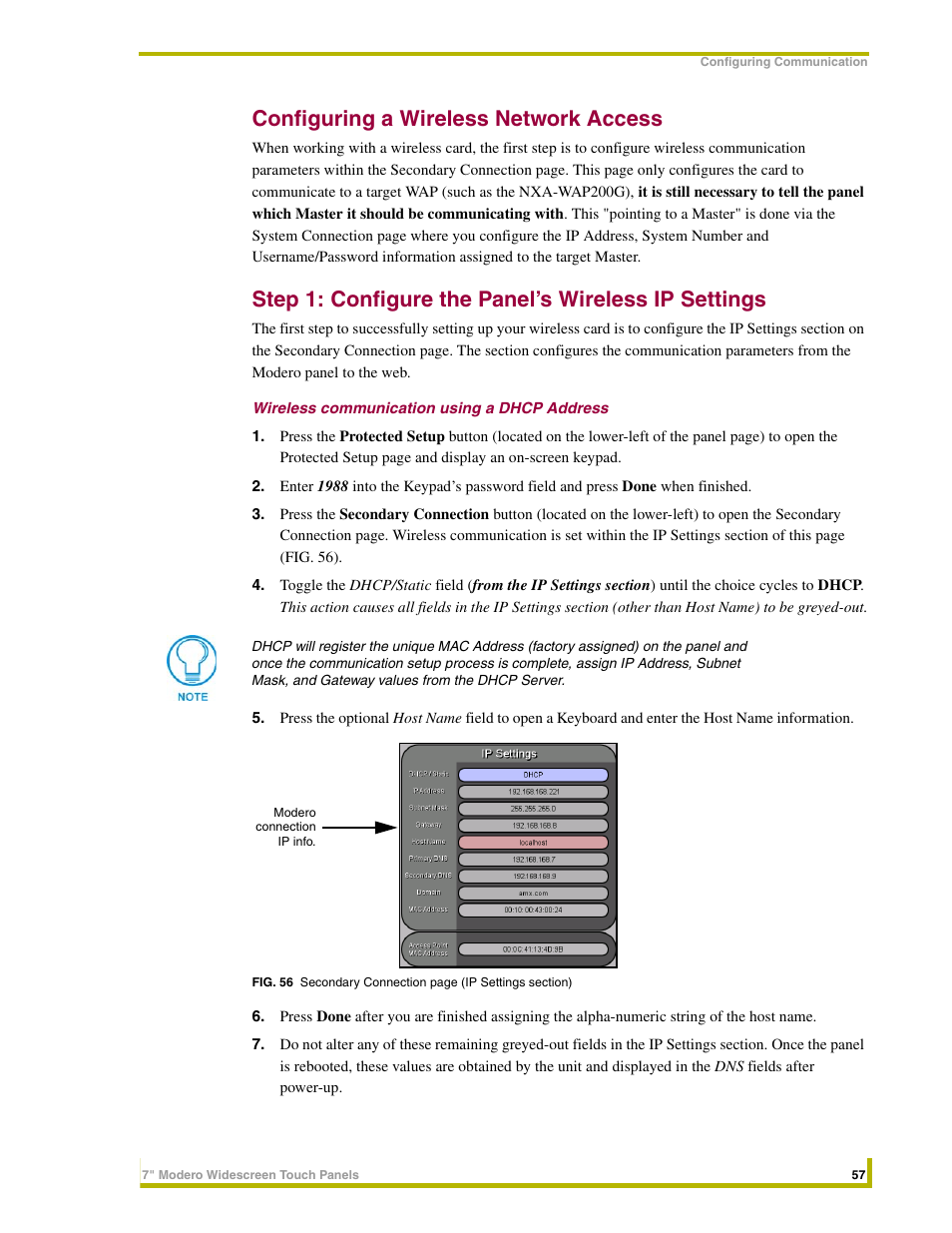 Configuring a wireless network access, Step 1: configure the panel’s wireless ip settings, Wireless communication using a dhcp address | AMX NXD-CV7 User Manual | Page 65 / 184