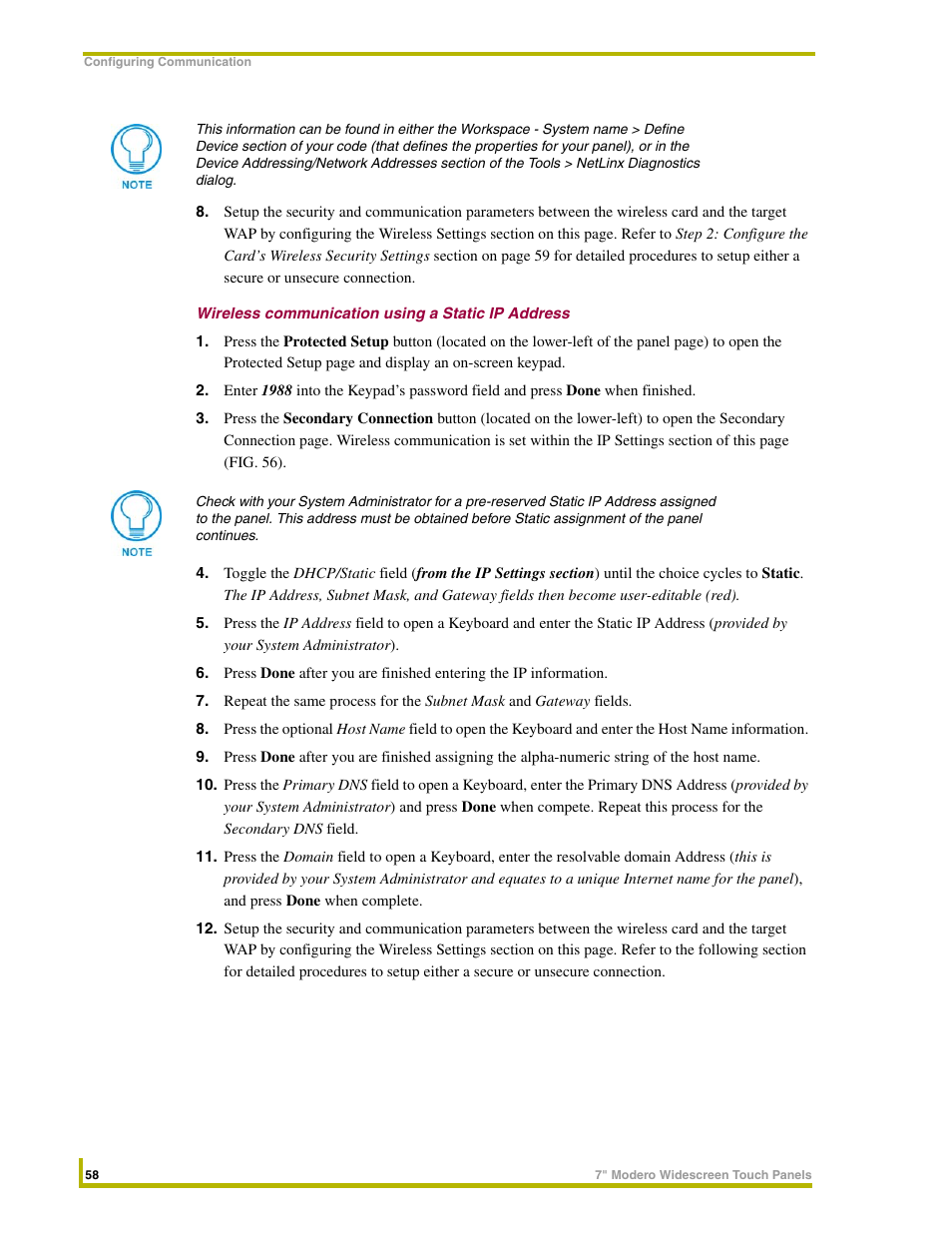 Wireless communication using a static ip address | AMX NXD-CV7 User Manual | Page 66 / 184