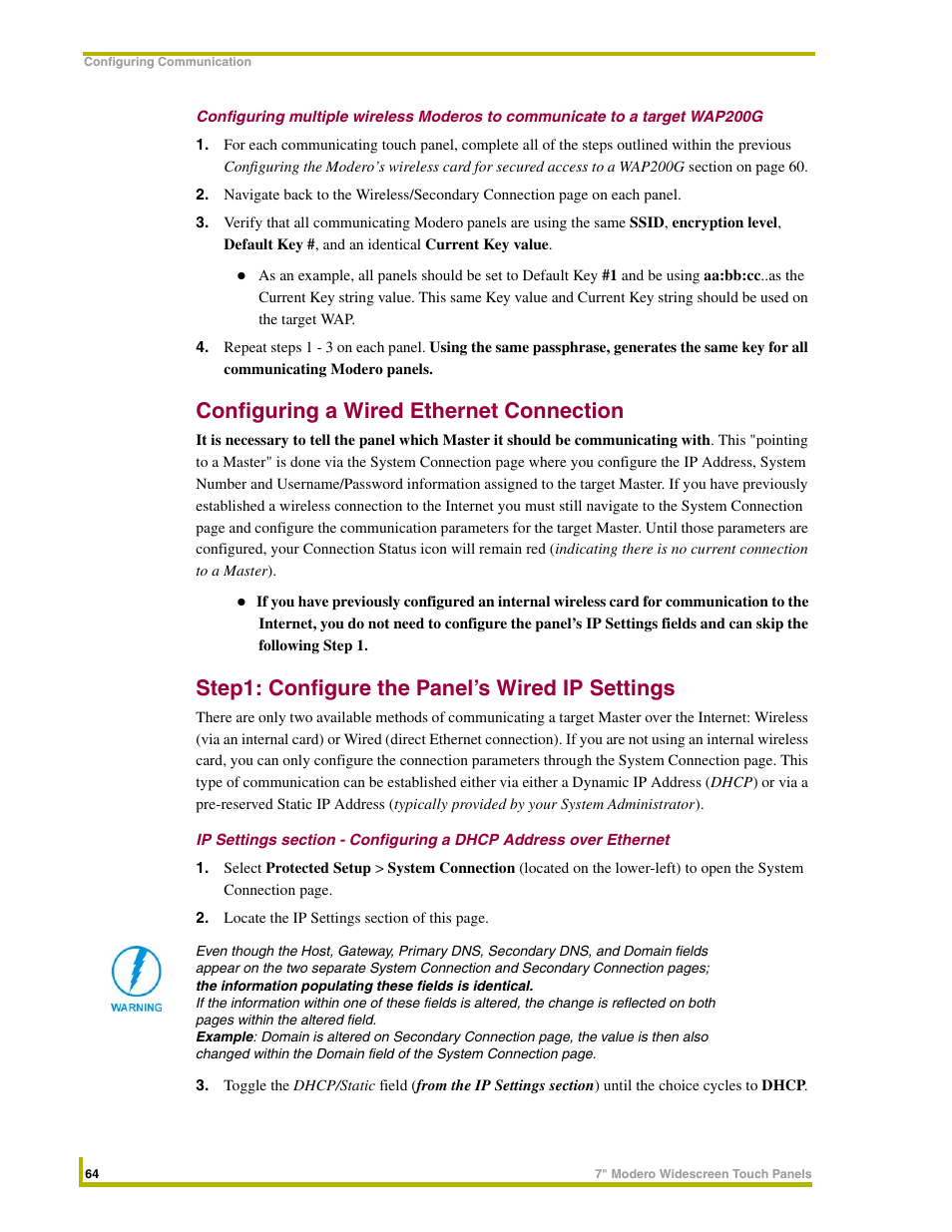 Configuring a wired ethernet connection, Step1: configure the panel’s wired ip settings | AMX NXD-CV7 User Manual | Page 72 / 184