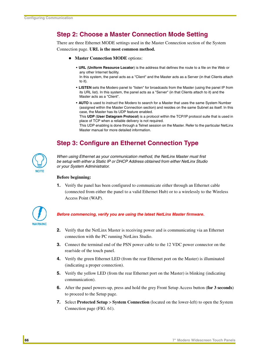 Step 2: choose a master connection mode setting, Step 3: configure an ethernet connection type | AMX NXD-CV7 User Manual | Page 74 / 184