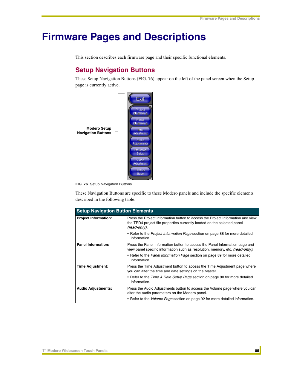 Setup navigation buttons, Firmware pages and descriptions | AMX NXD-CV7 User Manual | Page 93 / 184