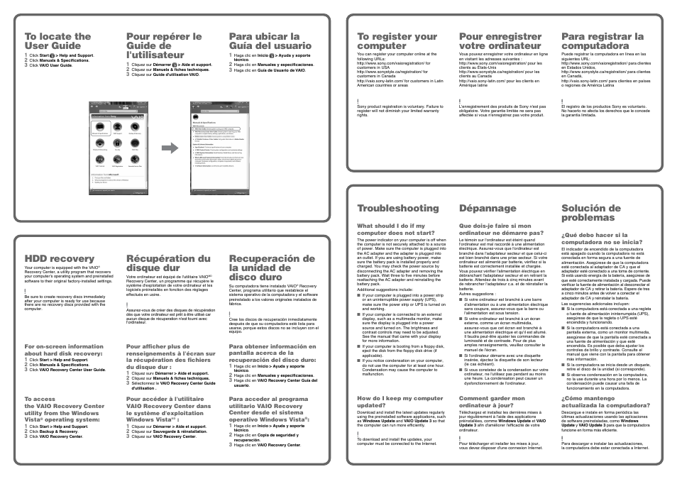 Hdd recovery, Pour repérer le guide de l'utilisateur, Para ubicar la guía del usuario | Récupération du disque dur, Recuperación de la unidad de disco duro, Pour enregistrer votre ordinateur, Para registrar la computadora, Troubleshooting, Dépannage, Solución de problemas | Sony VGN-CR515E User Manual | Page 2 / 2