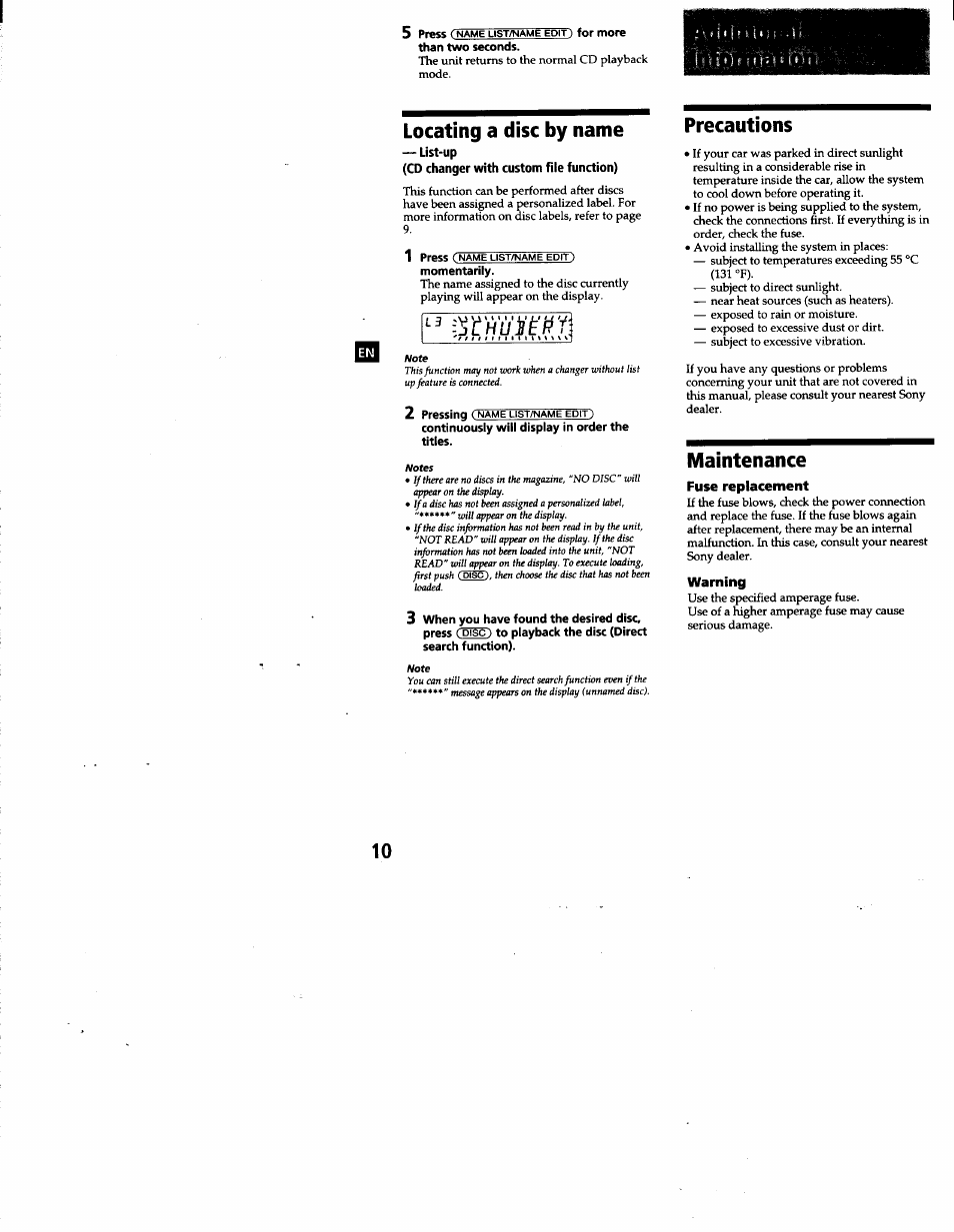 Locating a disc by name, List-up, Cd changer with custom file function) | Precautions, Maintenance, Precautions maintenance | Sony CDX-T68PKG User Manual | Page 10 / 16