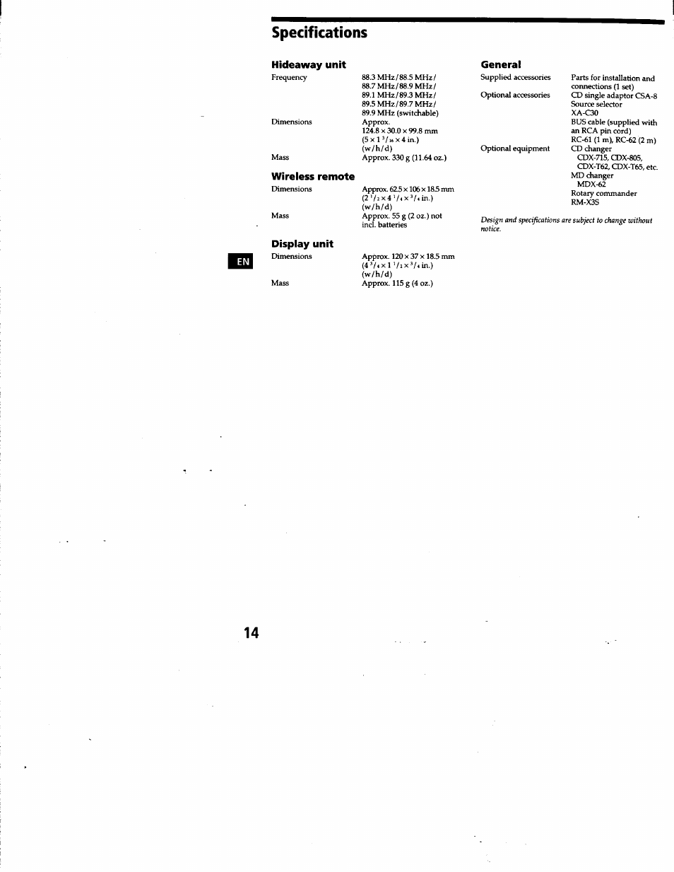 Specifications | Sony CDX-T68PKG User Manual | Page 14 / 16