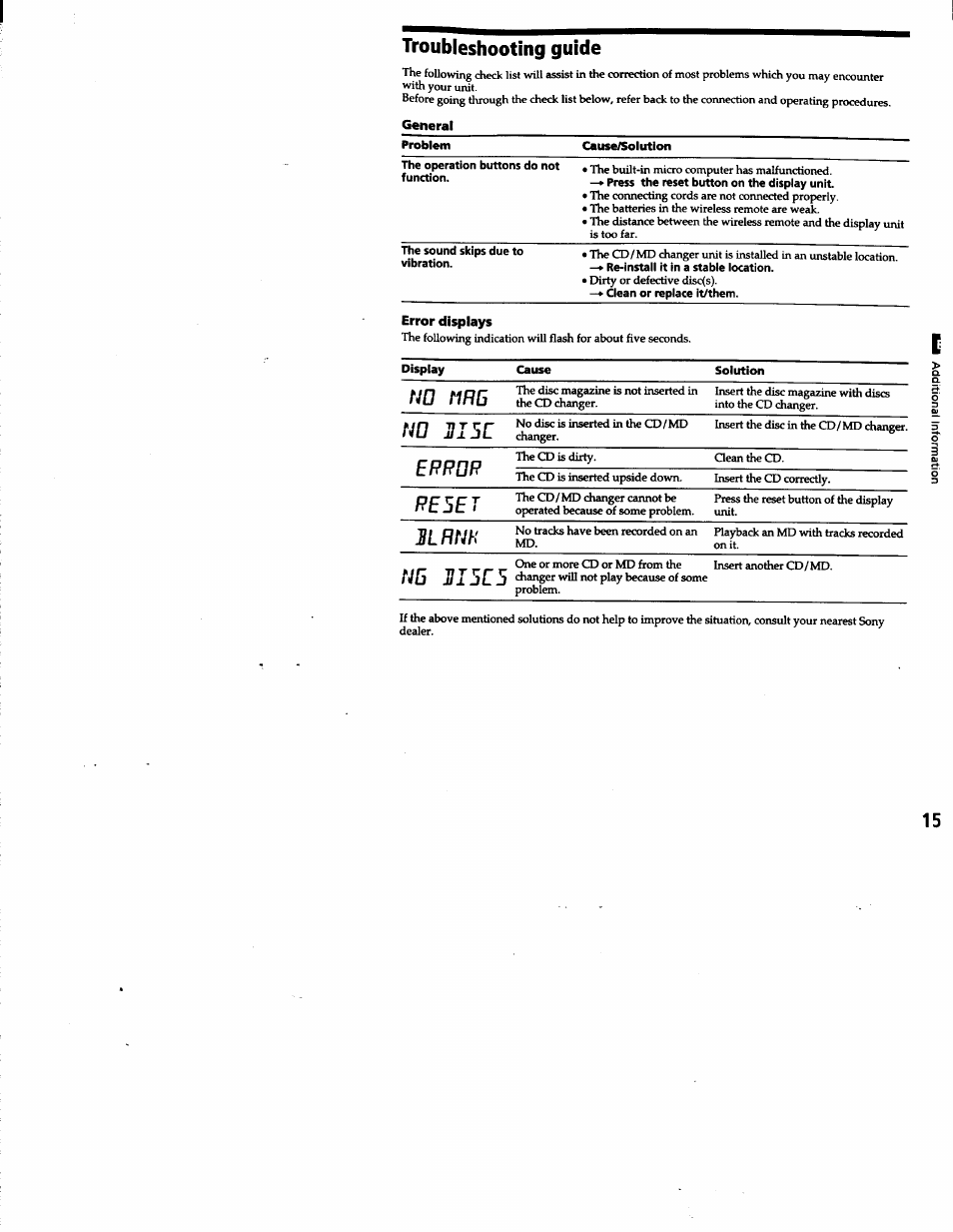 Troubleshooting guide, General, Cause/solution | Press the reset button on the display unit, No tm, N0 jji5c, Error, Reset, Ilrnk, No jji5e5 | Sony CDX-T68PKG User Manual | Page 15 / 16