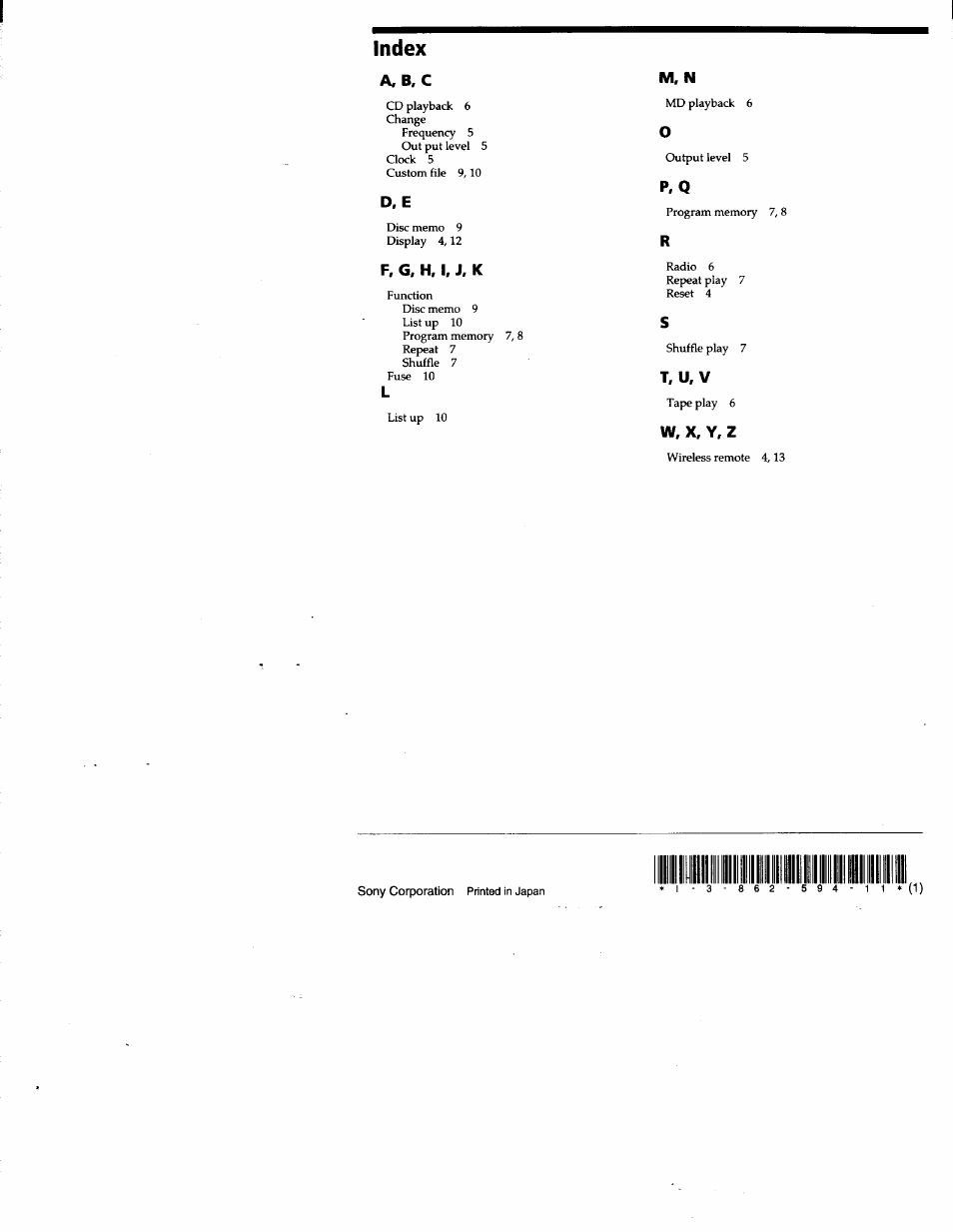 Index, A,b. c, D. e | F, g, h, i, j, k, M, n, T, u,v, W, x, y, z, P , q | Sony CDX-T68PKG User Manual | Page 16 / 16