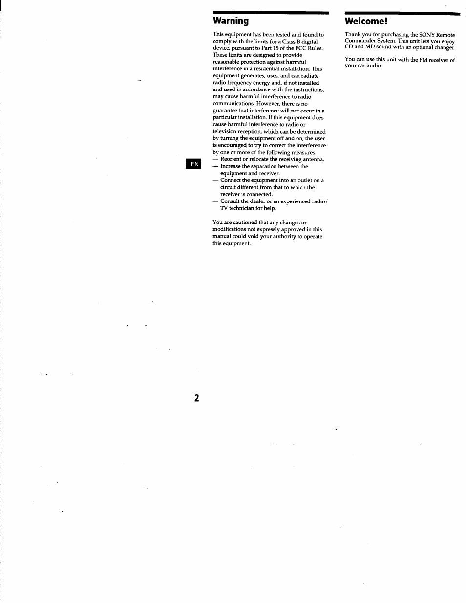 Warning, Welcome | Sony CDX-T68PKG User Manual | Page 2 / 16