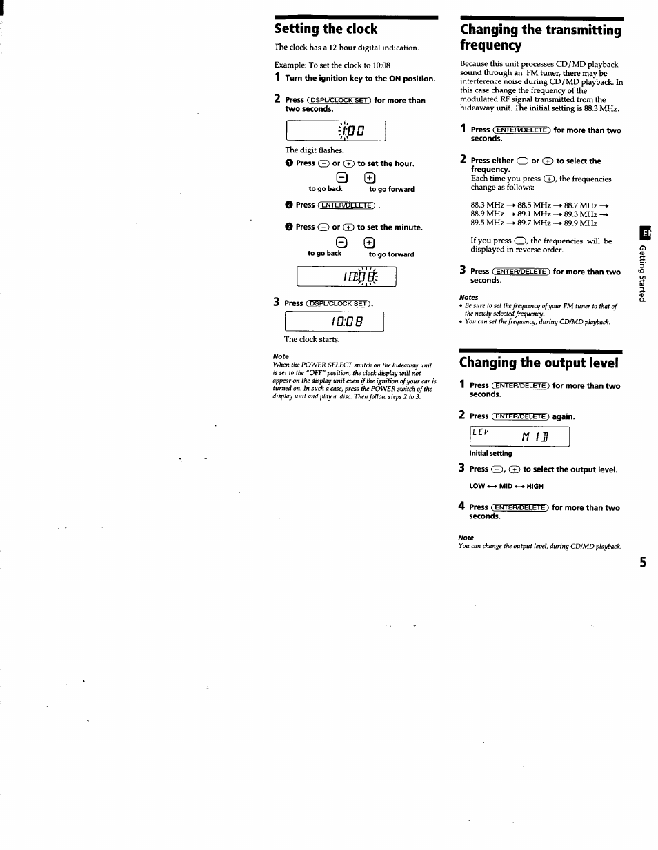 Setting the clock, Changing the transmitting frequency, Changing the output level | Sony CDX-T68PKG User Manual | Page 5 / 16