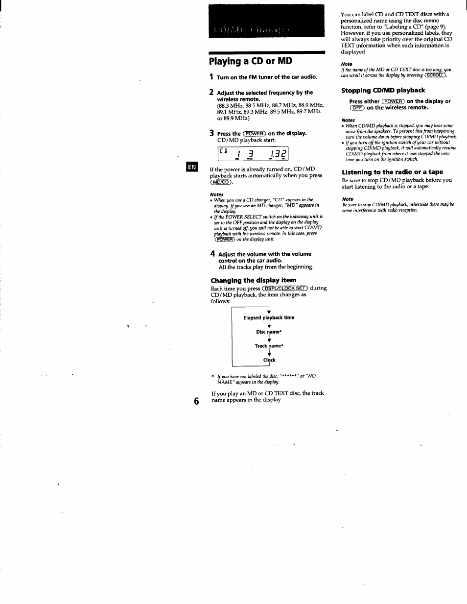 1 turn on the fm tuner of the car audio, 3 press the ( power ) on the display, Stopping cd/md playback | Listening to the radio or a tape, Changing the display item, Playing a cd or md, I 3 1.3 e | Sony CDX-T68PKG User Manual | Page 6 / 16
