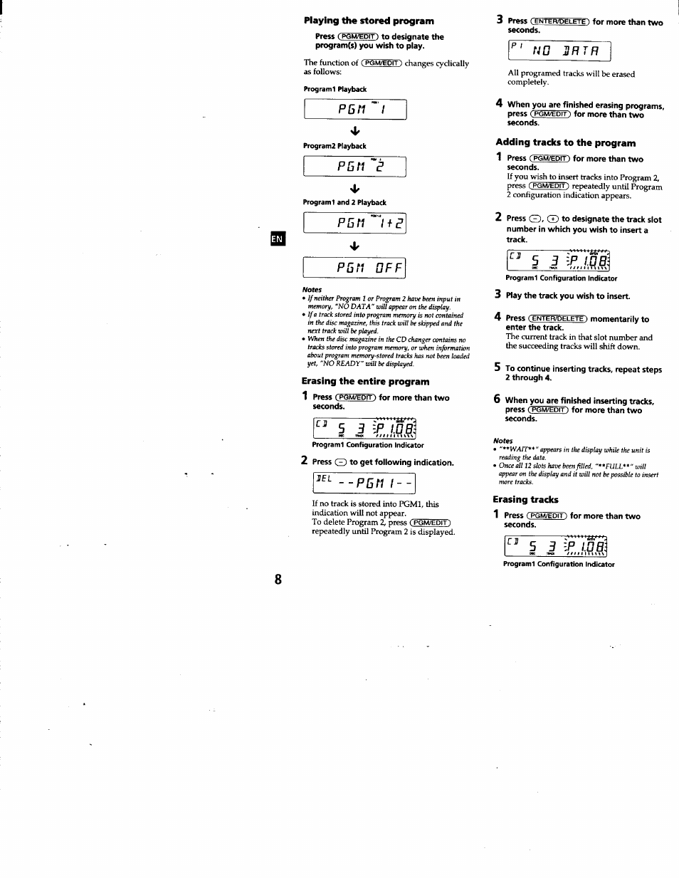 Playing the stored program, Erasing the entire program, Adding tracks to the program | Erasing tracks, Pbn i, Pbn p, Pbn hp pbn off, 5 5 ip i . d b i, 5 3 ip 1.0 bl, 5 3 ip i . d b | Sony CDX-T68PKG User Manual | Page 8 / 16