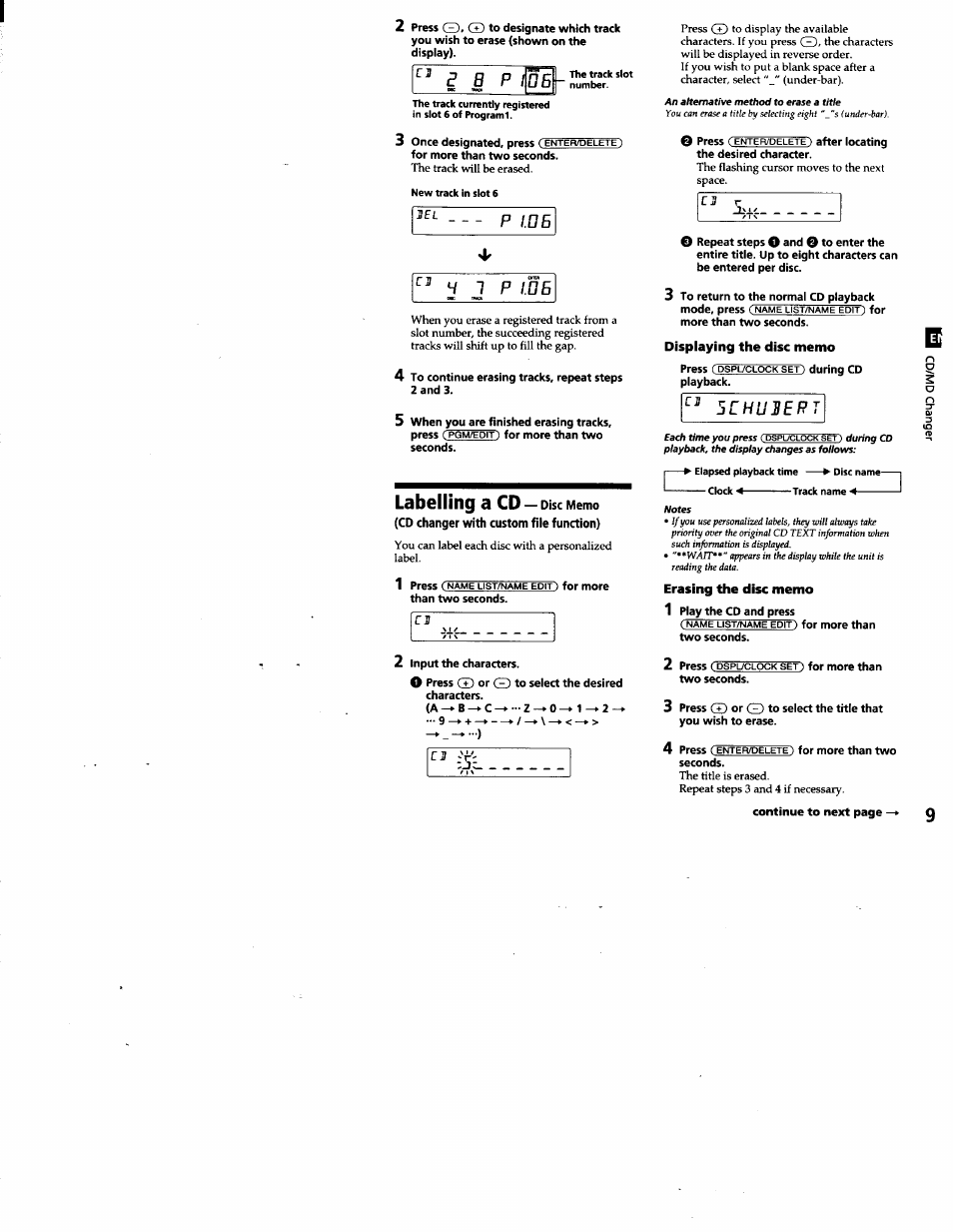 Displaying the disc memo, Erasing the disc memo, P /.05 | H i p /.05, Labelling a cd, 5 c h u 1 e r t | Sony CDX-T68PKG User Manual | Page 9 / 16