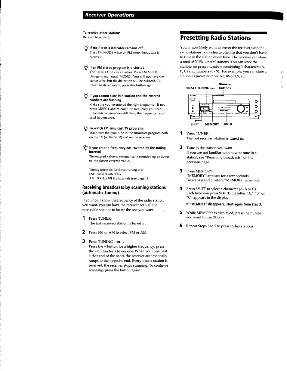 To receive other stations, If the stereo indicator remains off, If an fm stereo program is distorted | Q' to watch fm simulcast tv programs, Presetting radio stations | Sony STR-DE135 User Manual | Page 10 / 17