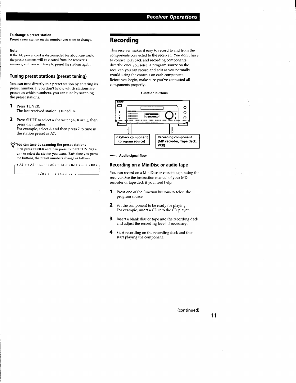 To change a preset station, Tuning preset stations (preset tuning), You can tune by scanning the preset stations | Recording, Recording on a minidisc or audio tape | Sony STR-DE135 User Manual | Page 11 / 17