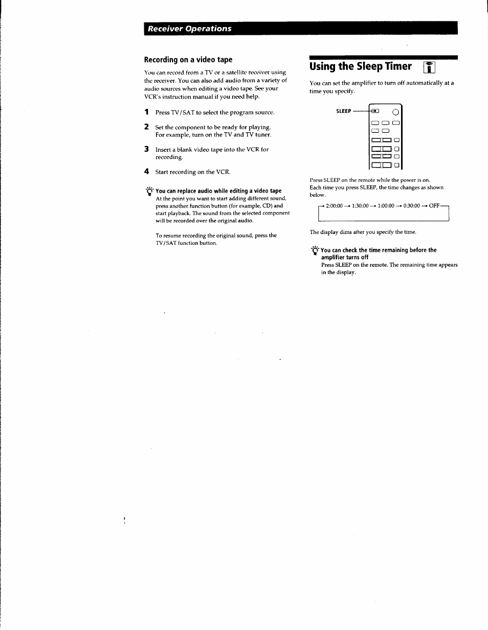 Recording on a video tape, You can replace audio while editing a video tape, Using the sleep timer | Sony STR-DE135 User Manual | Page 12 / 17