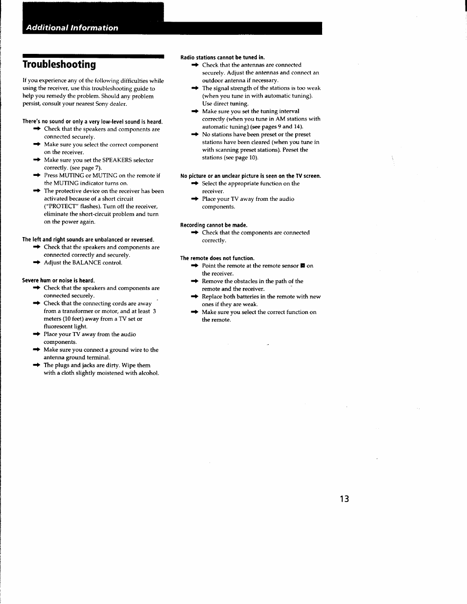 Troubleshooting, Severe hum or noise is heard, Radio stations cannot be tuned in | Recording cannot be made, The remote does not function | Sony STR-DE135 User Manual | Page 13 / 17