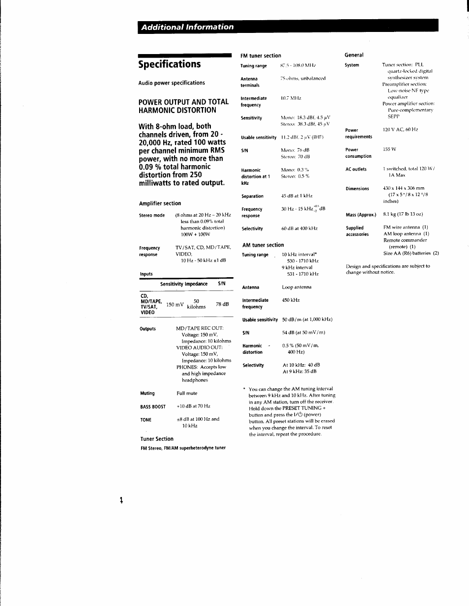 Tuner section, Specifications, Additional information | Power output and total, Harmonic distortion, With 8-ohm load, both, Channels driven, from 20, Power, with no more than, 09 % total harmonic, Distortion from 250 | Sony STR-DE135 User Manual | Page 14 / 17