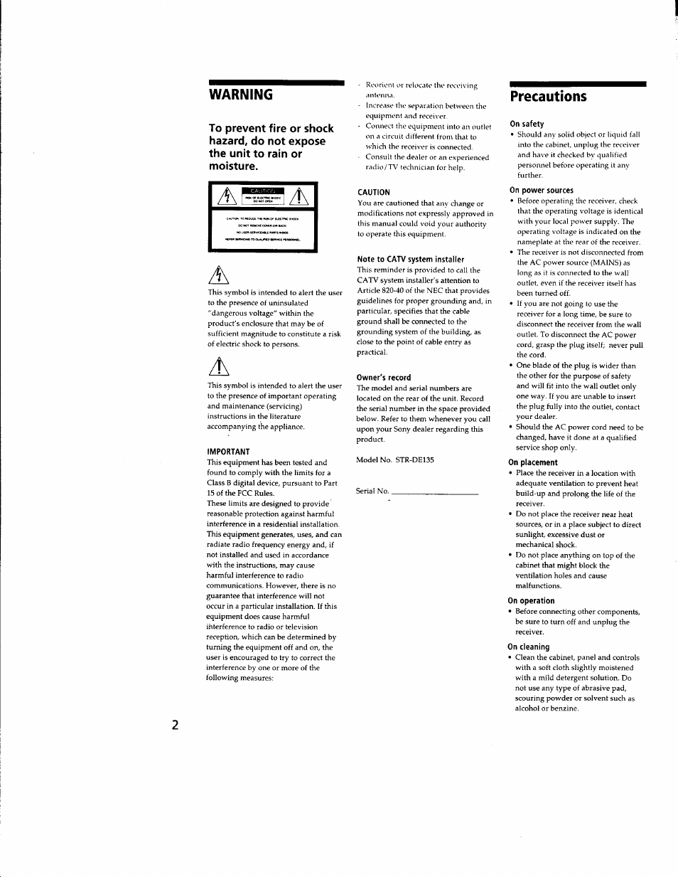 Warning, Important, Caution | Note to catv system installer, Owner's record, Precautions, On safety, On power sources, On placement, On operation | Sony STR-DE135 User Manual | Page 2 / 17