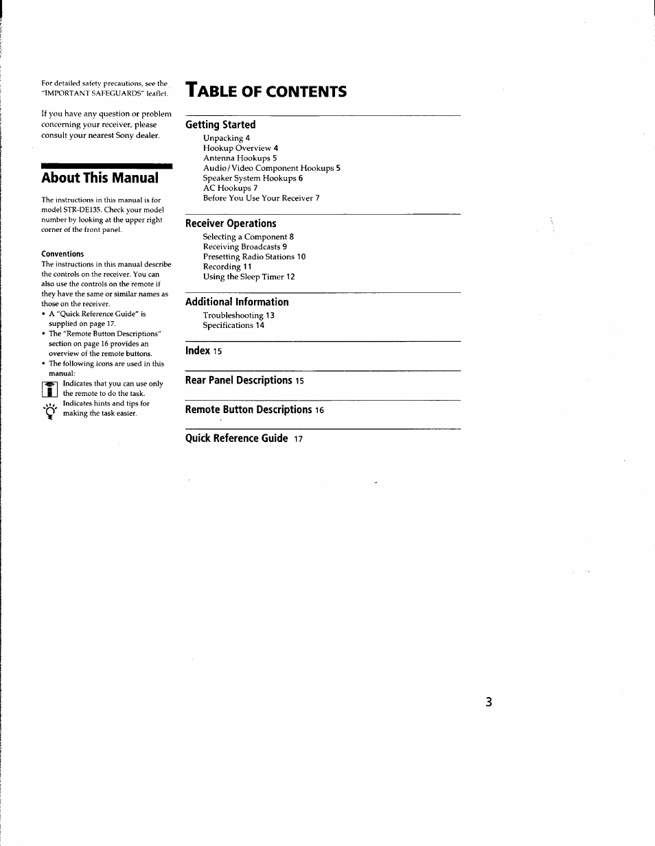 About this manual, Conventions, Receiver operations | Additional information, Index 15, Rear panel descriptions is, Quick reference guide i7 | Sony STR-DE135 User Manual | Page 3 / 17