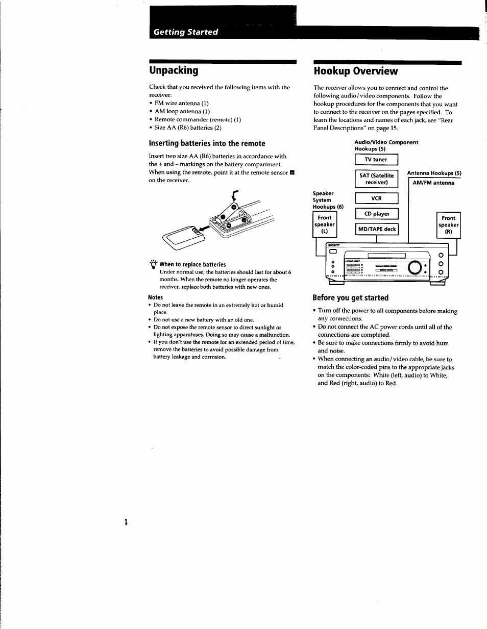 Unpacking, Inserting batteries into the remote, Y when to replace batteries | Notes, Hookup overview, Before you get started | Sony STR-DE135 User Manual | Page 4 / 17