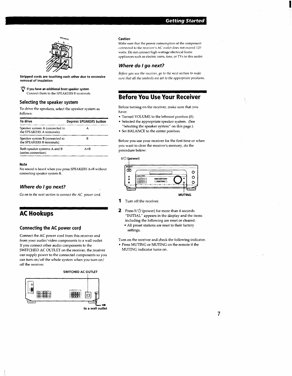 Selecting the speaker system, Ac hookups, Connecting the ac power cord | Caution, Before you use your receiver | Sony STR-DE135 User Manual | Page 7 / 17