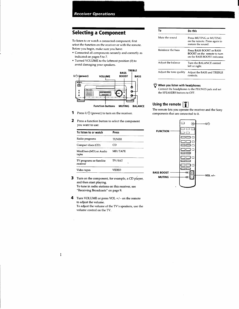 Selecting a component, Using the remote, I / (1) | Sony STR-DE135 User Manual | Page 8 / 17