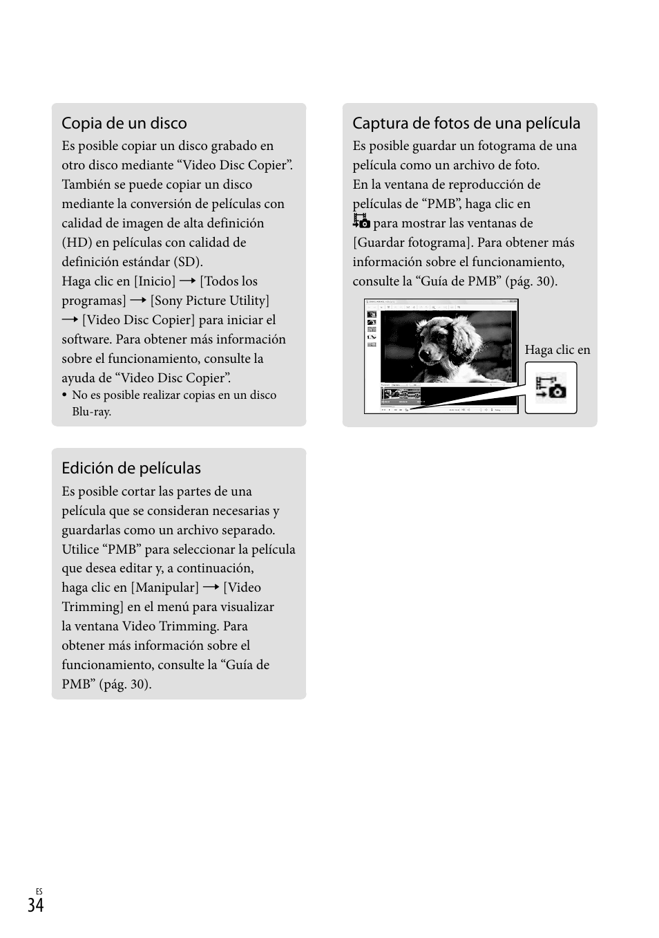Copia de un disco, Edición de películas, Captura de fotos de una película | Sony HDR-CX520V User Manual | Page 102 / 135