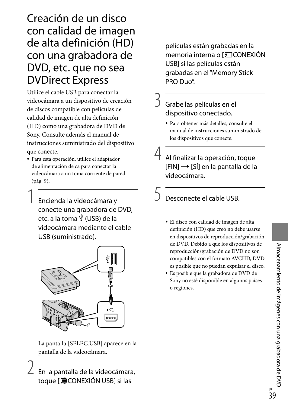 Grabadora de dvd, etc. que no sea dvdirect express | Sony HDR-CX520V User Manual | Page 107 / 135