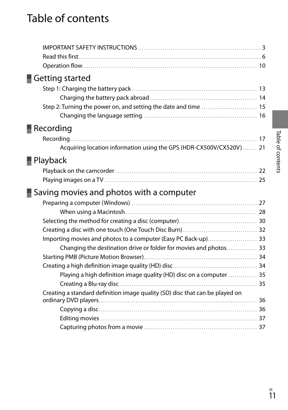 Sony HDR-CX520V User Manual | Page 11 / 135
