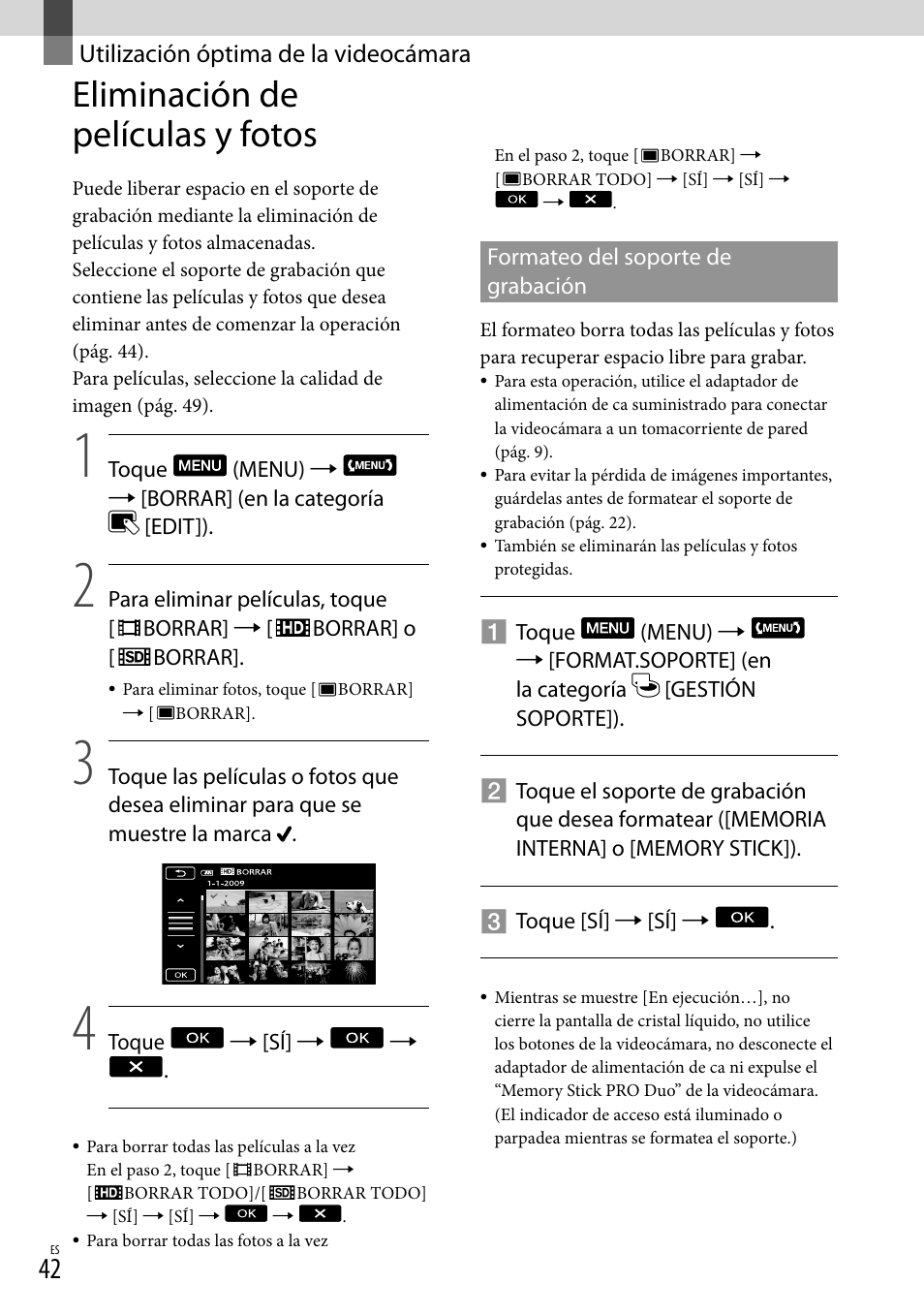 Utilización óptima de la videocámara, Eliminación de películas y fotos | Sony HDR-CX520V User Manual | Page 110 / 135