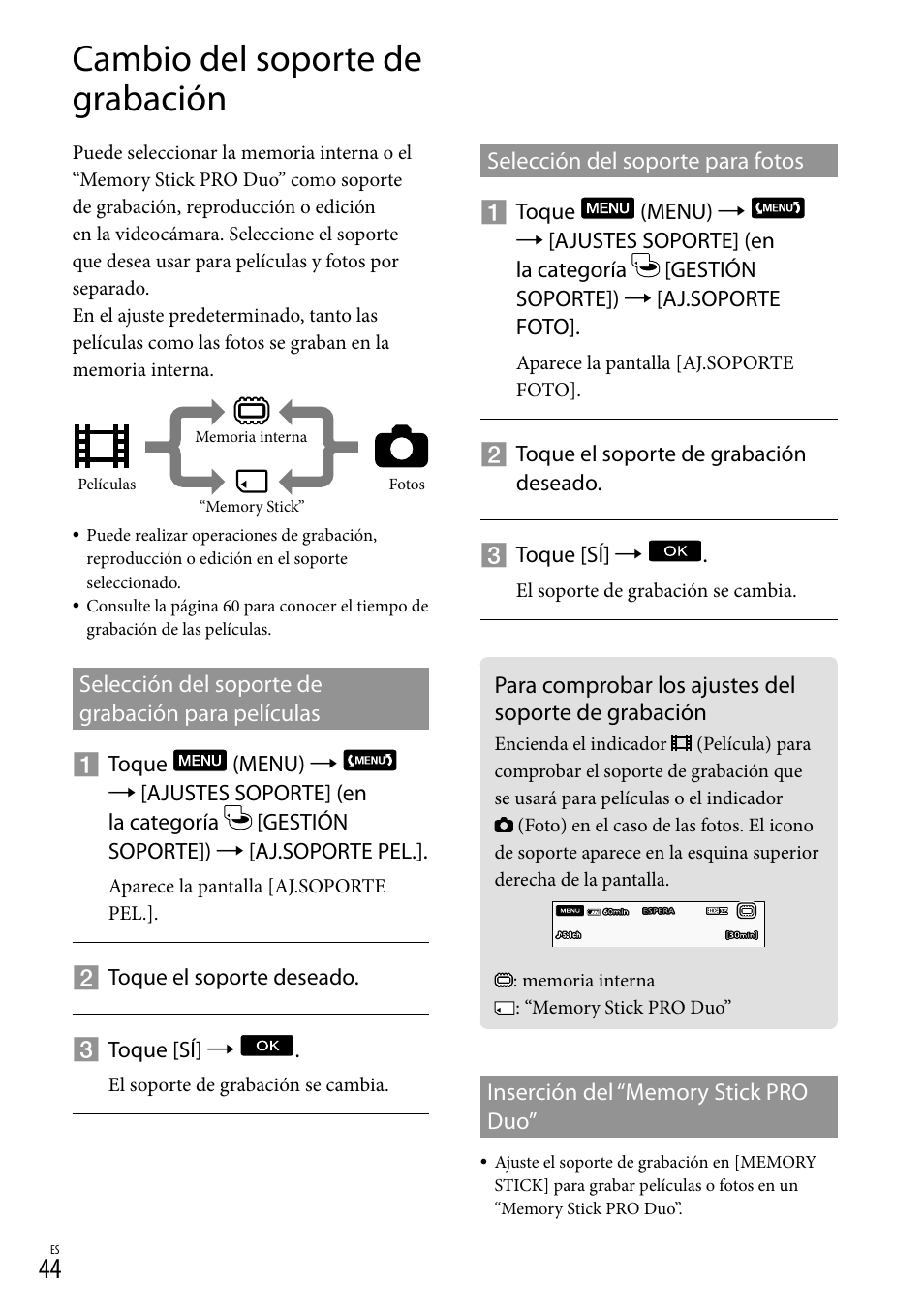 Cambio del soporte de grabación | Sony HDR-CX520V User Manual | Page 112 / 135