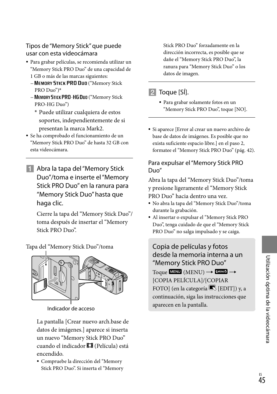 A 45 p, 45) es, Toque [sí | Sony HDR-CX520V User Manual | Page 113 / 135