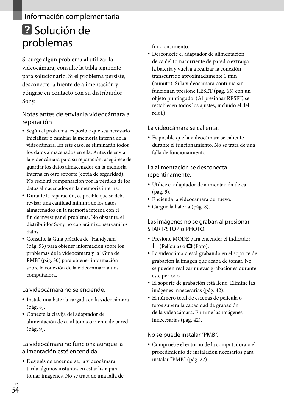 Información complementaria, Solución de problemas, Notas antes de enviar la videocámara a reparación | Sony HDR-CX520V User Manual | Page 122 / 135