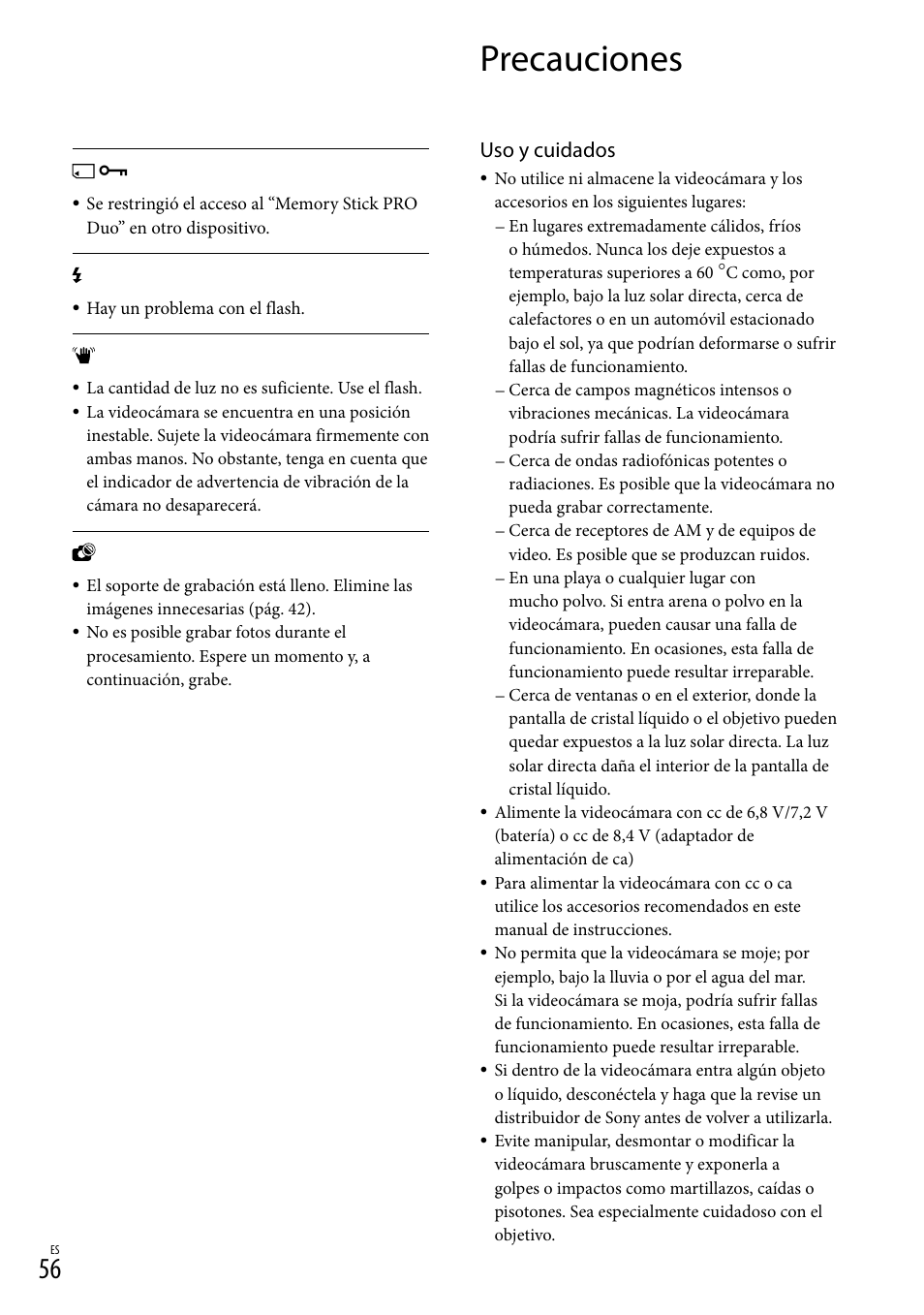 Precauciones, Uso y cuidados | Sony HDR-CX520V User Manual | Page 124 / 135