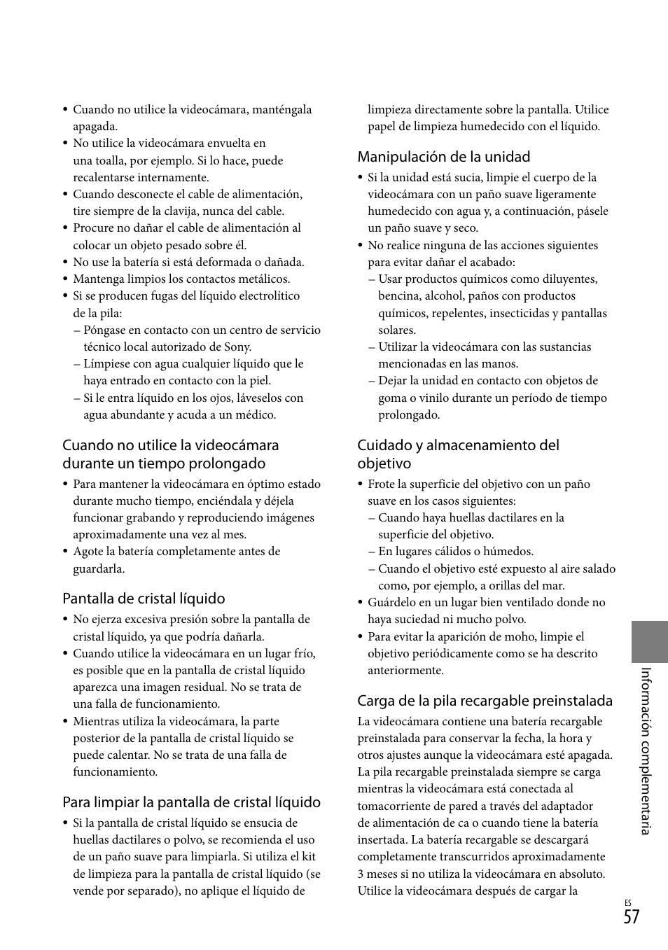 Pantalla de cristal líquido, Para limpiar la pantalla de cristal líquido, Manipulación de la unidad | Cuidado y almacenamiento del objetivo, Carga de la pila recargable preinstalada | Sony HDR-CX520V User Manual | Page 125 / 135