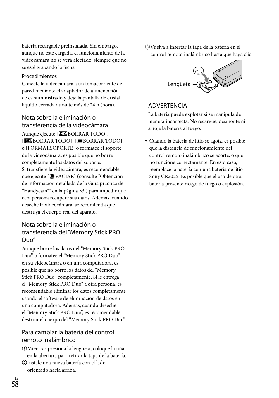 Advertencia | Sony HDR-CX520V User Manual | Page 126 / 135