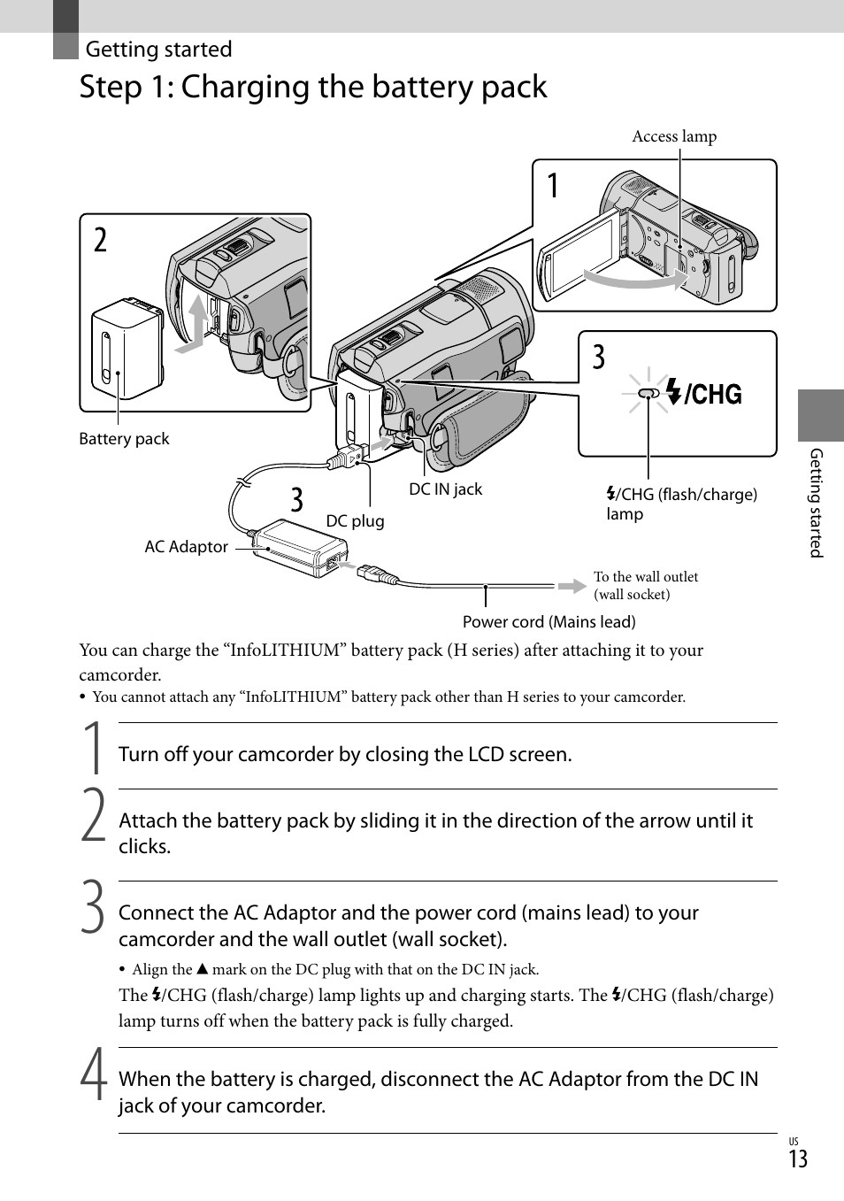 Getting started, Step 1: charging the battery pack | Sony HDR-CX520V User Manual | Page 13 / 135